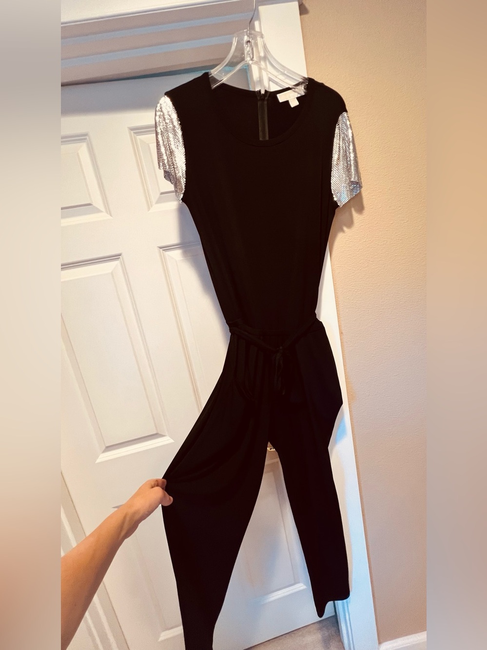 Women's  MK Black Jumpsuit with Silver metallic Sequin Sleeves